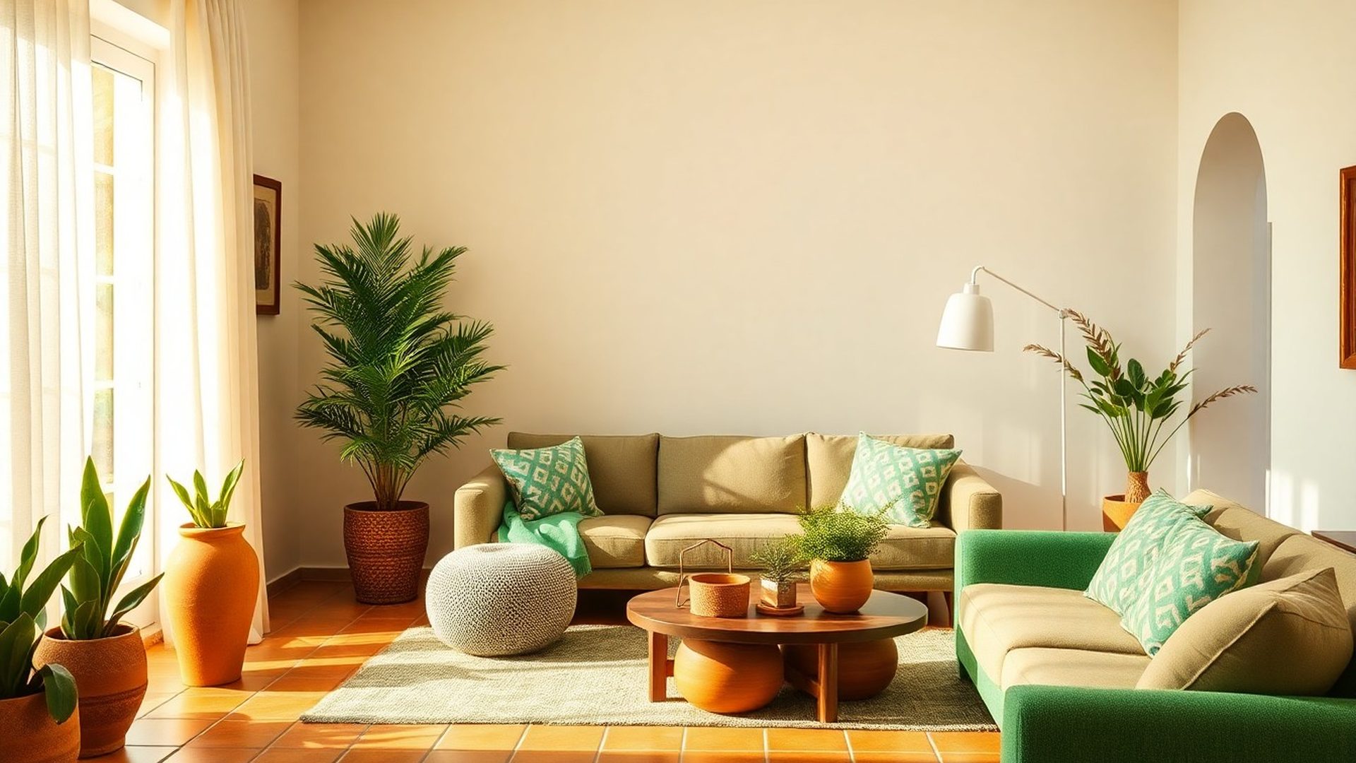 Salón mediterráneo luminoso con acentos en verde esmeralda y macetas de terracota