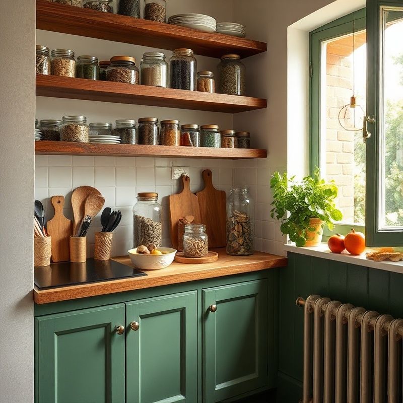Cocina pequeña con estantes de madera, tarros de cristal y una maceta con hierba aromática