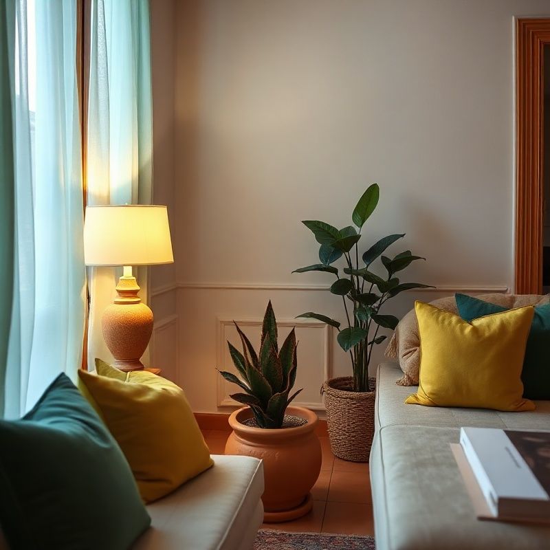 Rincón de salón con cojines verde esmeralda, maceta de terracota y lámpara cálida