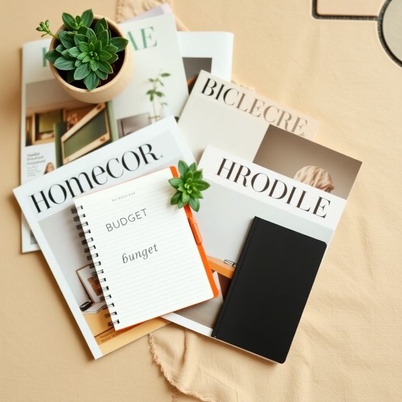 Revistas de decoración, planta verde y cuaderno con notas de presupuesto sobre lino crema
